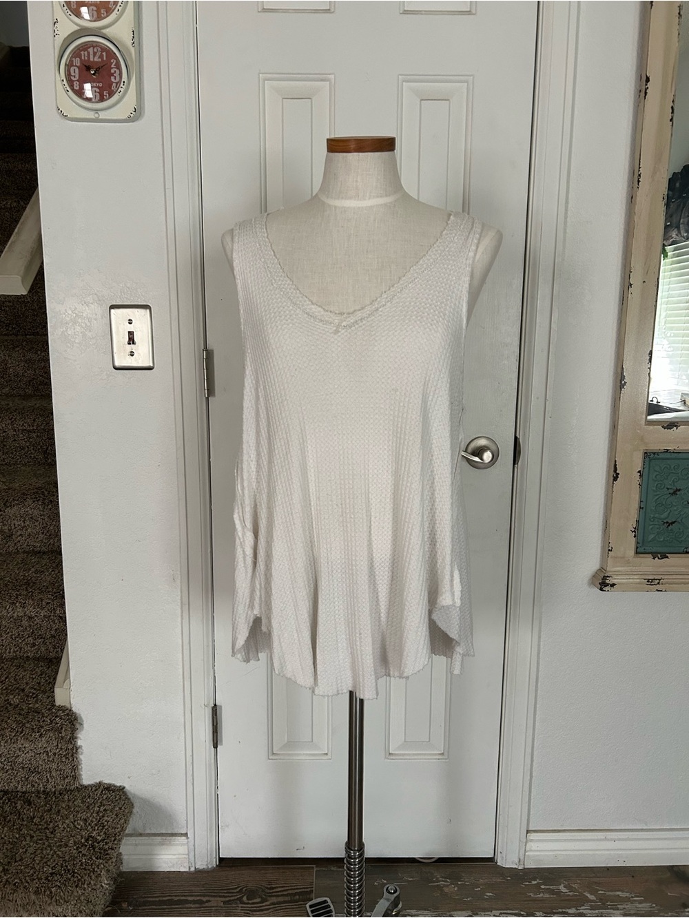 Free People Cream Waffle Knit V-Neck Swing Tank